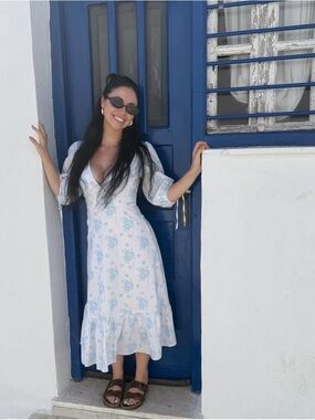 Linen White and Light Blue Floral Midi Dress with Ruffle Hem